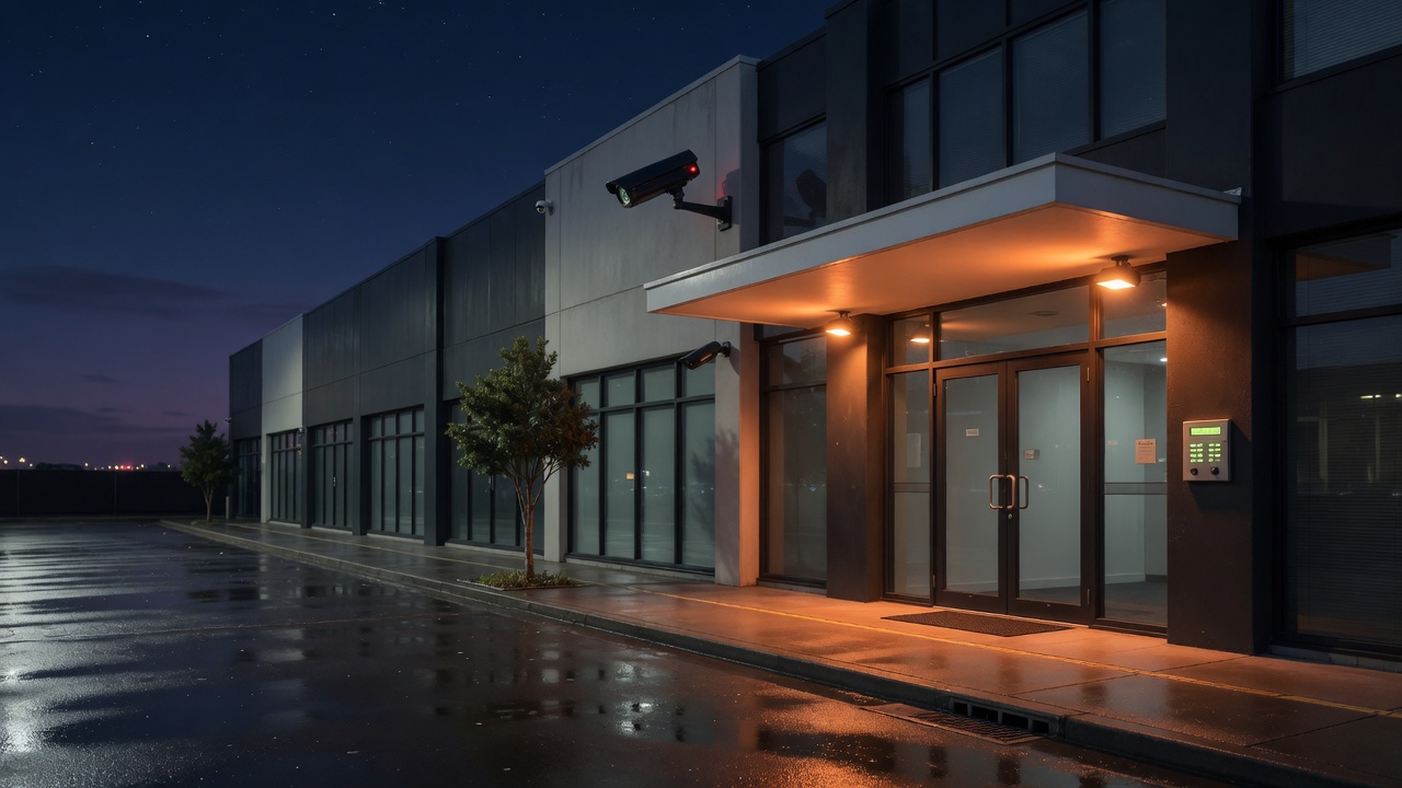 Commercial site at night with CCTV cameras for alarm monitoring in New Zealand